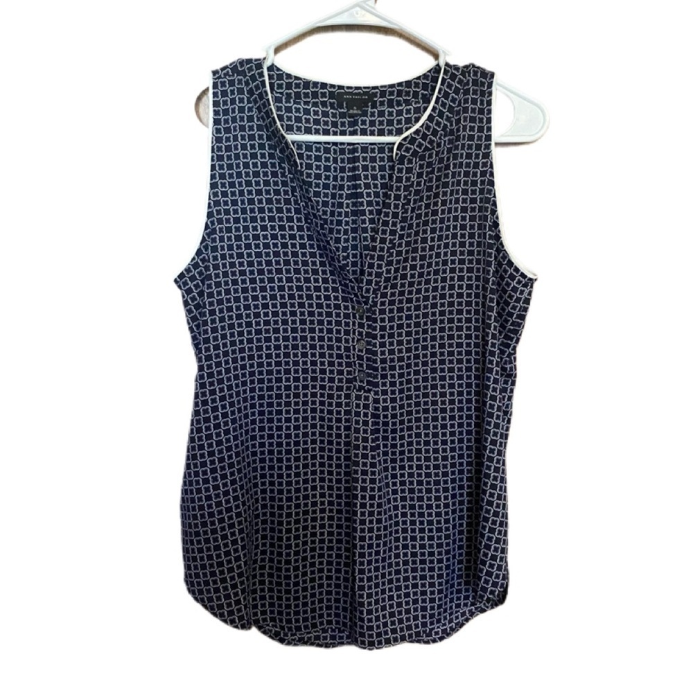 Ann Taylor Women’s Pleated Squared Print Half Button Tank Top Blouse Top Sz S